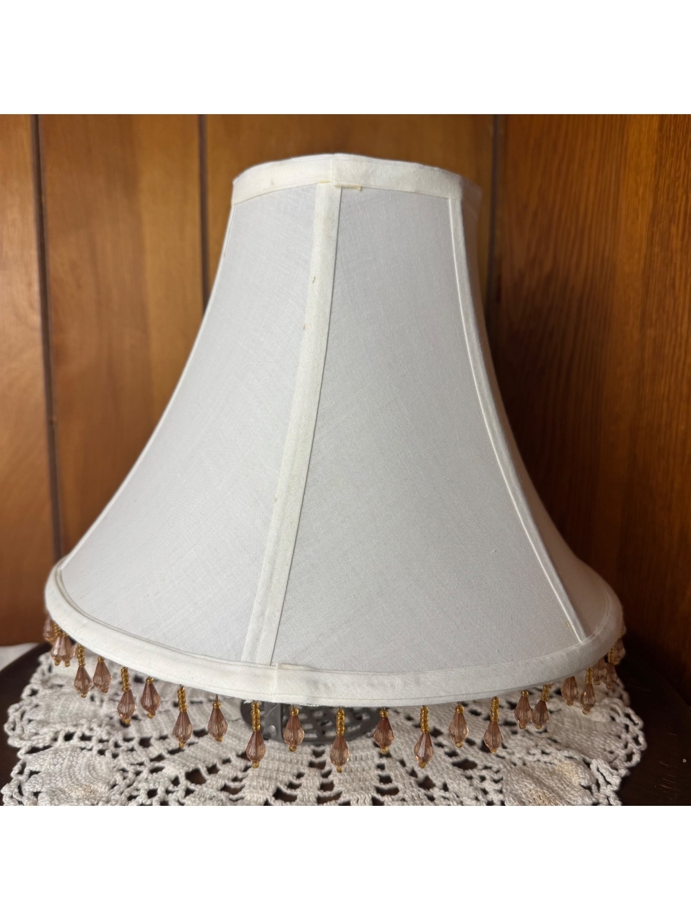 Vintage Ivory Bell Lamp Shade Pink Beaded Fringe Cottage Victorian Decor - Picture 2 of 9
